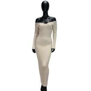 Savage X Fenty Ribbed V-Neck Long Sleeve Maxi Dress - Beige, Size S